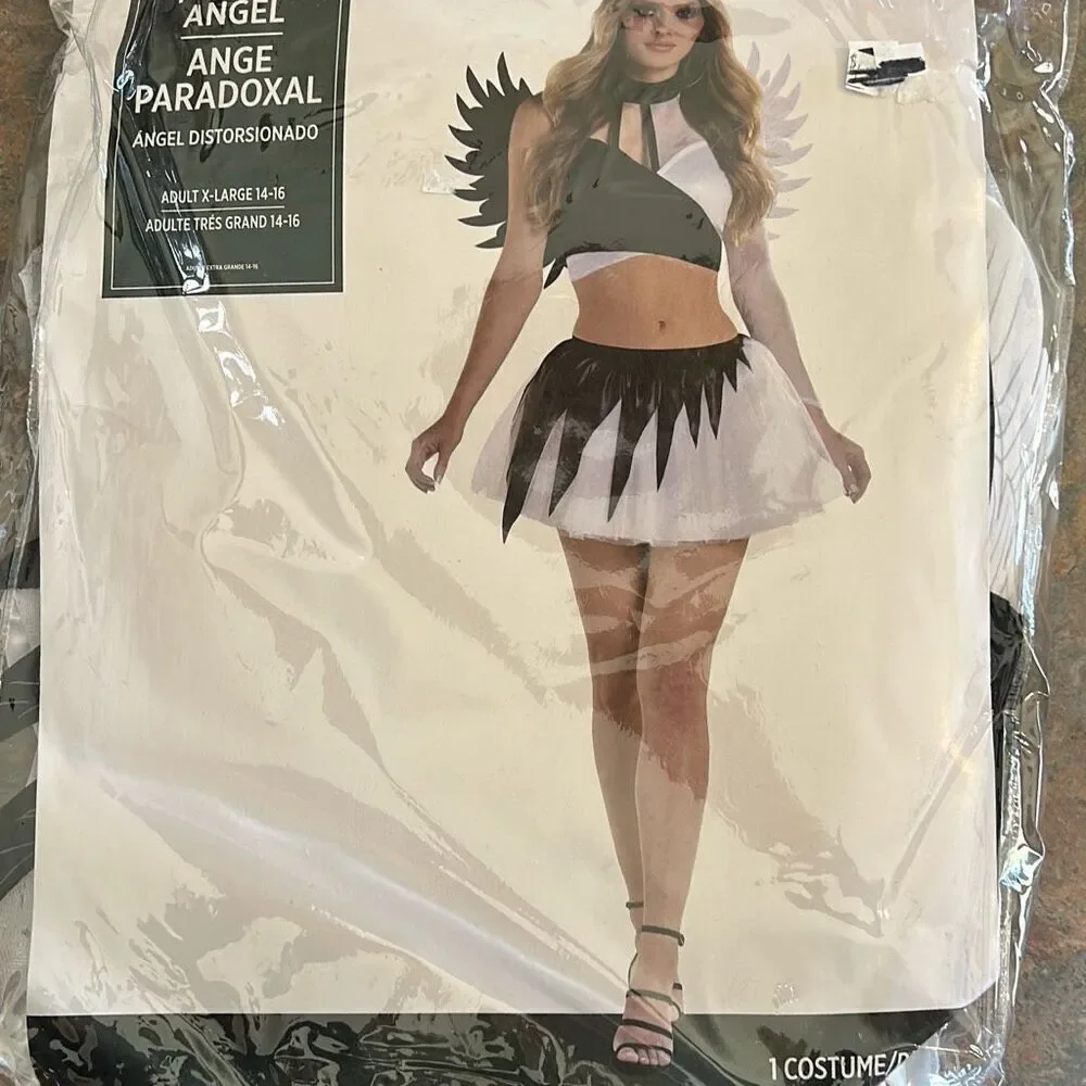 Sexy Twisted Angel Halloween Cosplay Costume XL Gothic Wings Black White